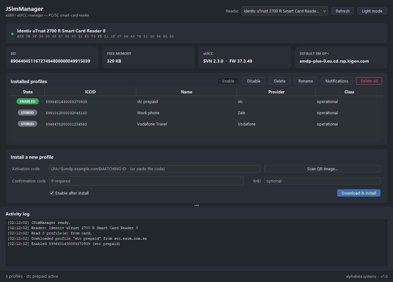 JSimManager in its dark theme: a card summary with EID, free memory and default SM-DP+, a table of eSIM profiles with an active stc profile, an install panel and an activity log.