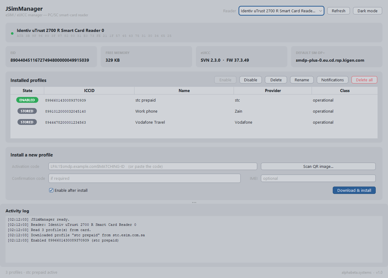 JSimManager in its light theme, showing the same card summary, profile table and install panel.