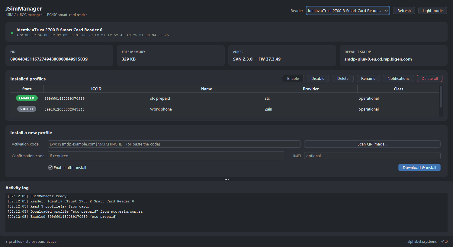 JSimManager widened, giving the profile table and install form more room.